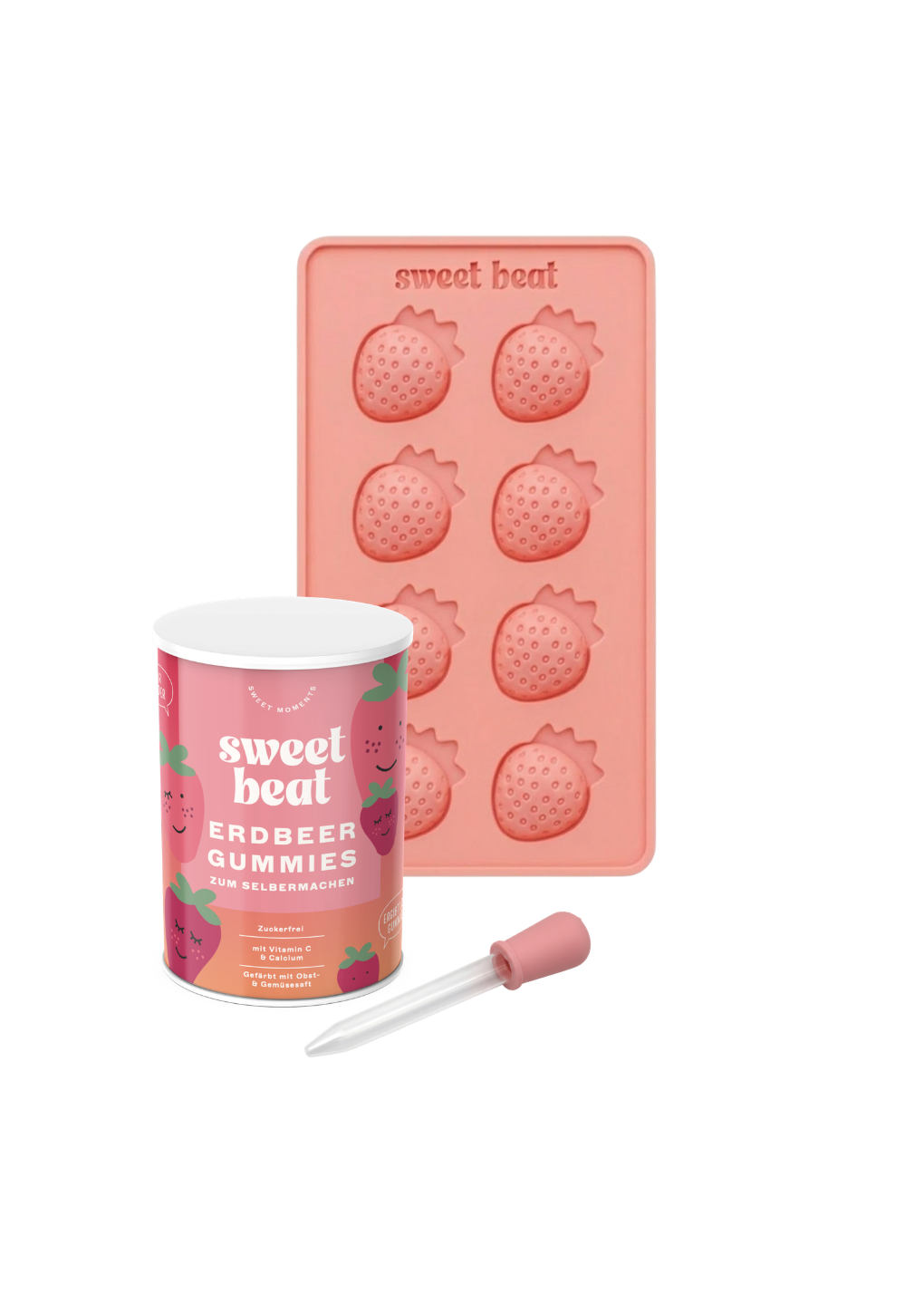 Erdbeer Set - 1x Dose Instant-Mix (Erdbeere) 1x Silikon-Förmchen 1x Pipette