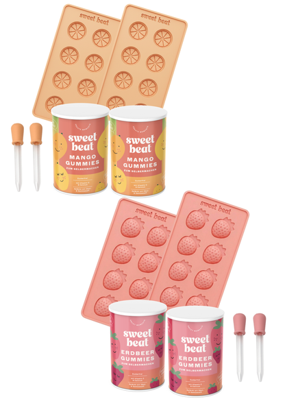 Party Set - 4x Dosen Instant-Mix (2x Mango, 2x Erdbeere) 4x Silikon-Förmchen 4x Pipetten
